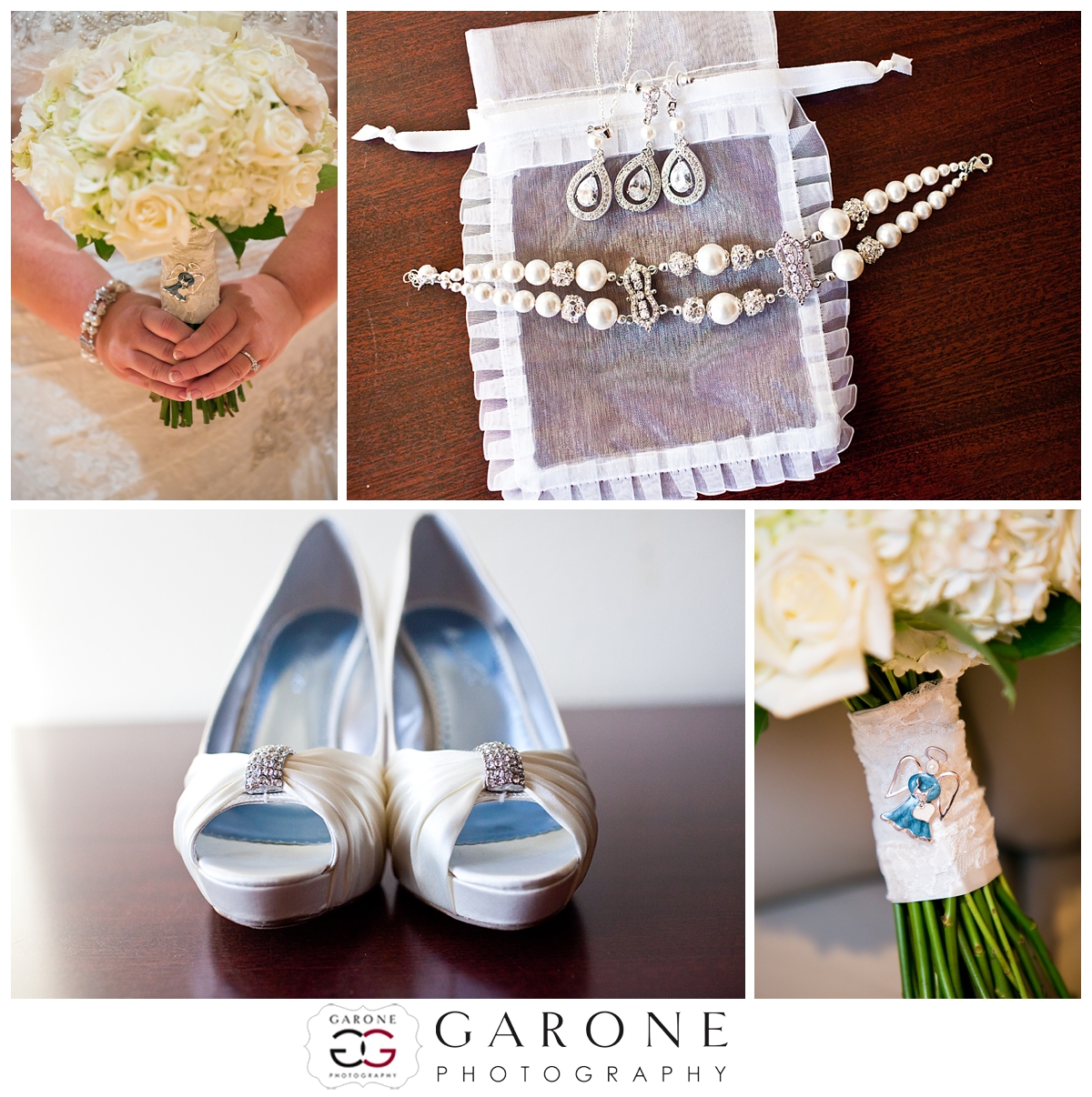 Bridal accessories including shoes, pearl hairpins, and a bouquet.
