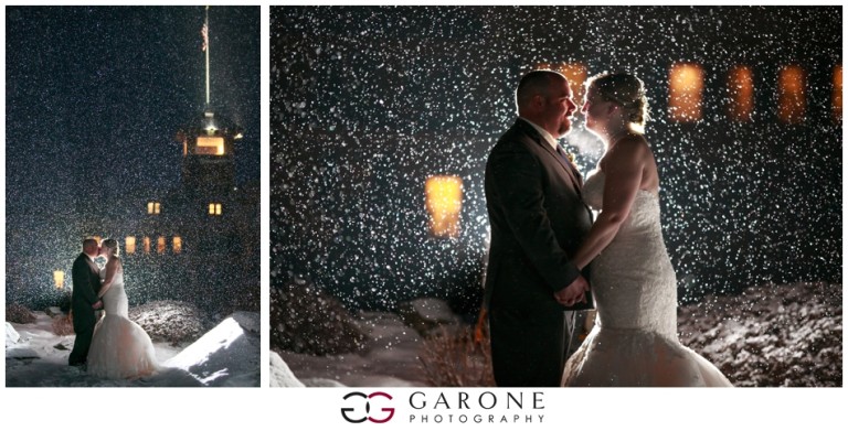 Couple shares a romantic moment in snowy night with city lights.