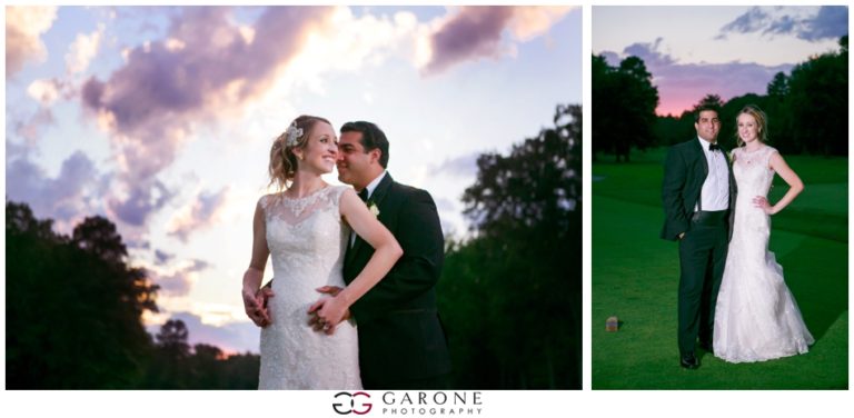 Bride and groom share a joyful moment outdoors at sunset.