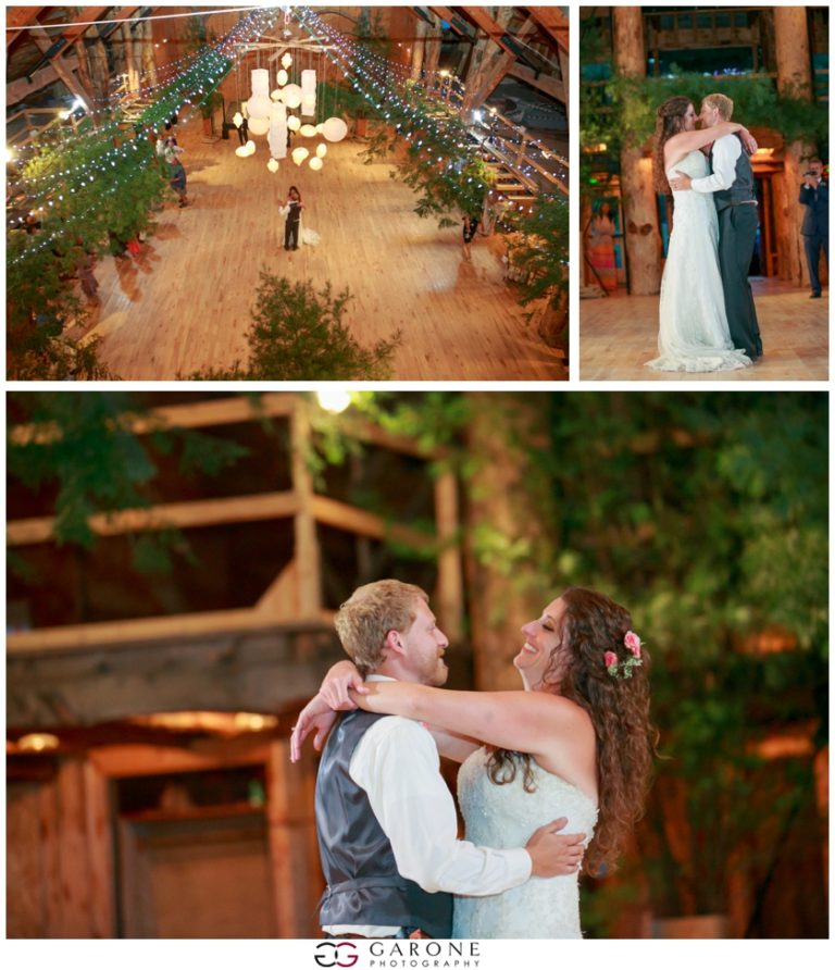 A couple shares a romantic dance at an outdoor wedding reception.