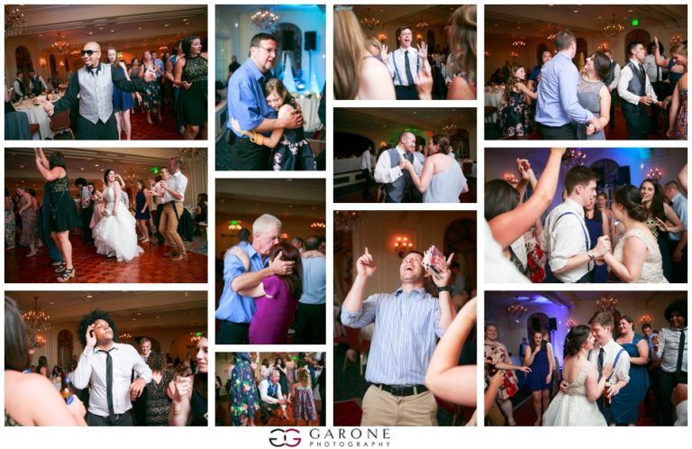 A lively wedding reception with dancing and joyful moments among guests.