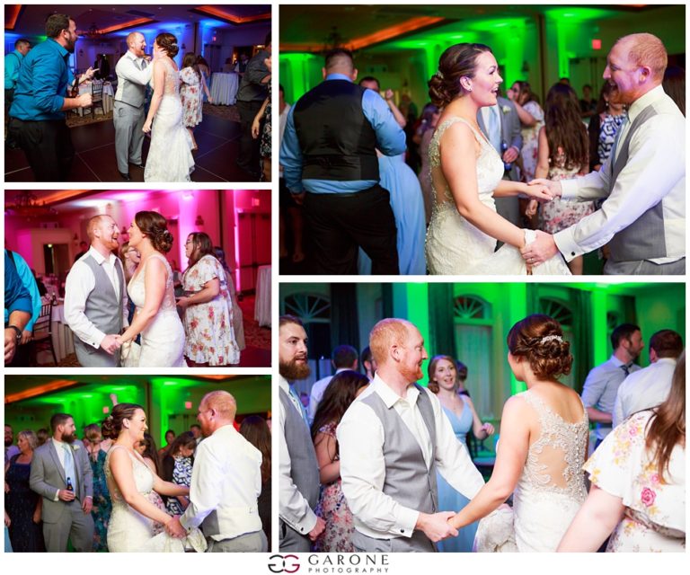 Couple enjoying their wedding reception with dancing and laughter.