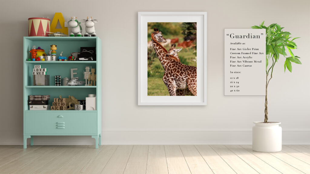 Framed photograph of a giraffe on a white wall in a cozy room.