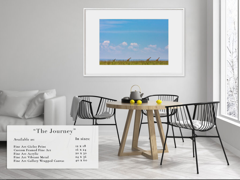 A framed landscape photo of a grass field under a blue sky with clouds.