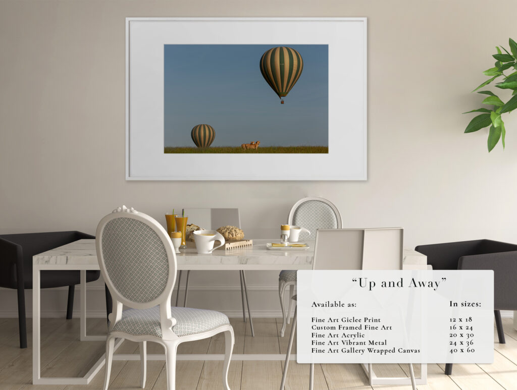 Dining area with white chairs and hot air balloon photo on the wall.